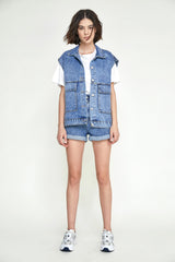 Steel Blue Collared Flap Pocket Button Front Denim Vest