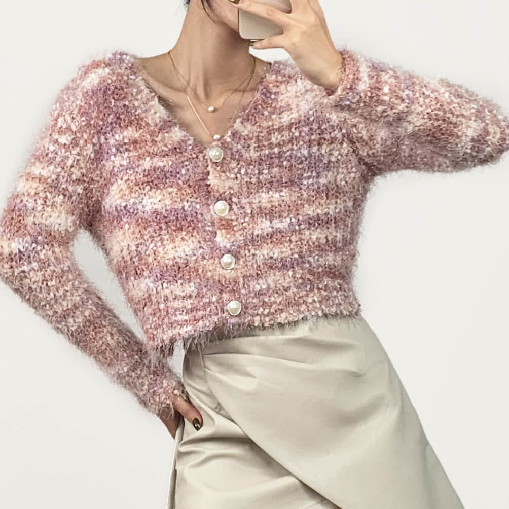 Pink Striped Fuzzy Knit Cardigan