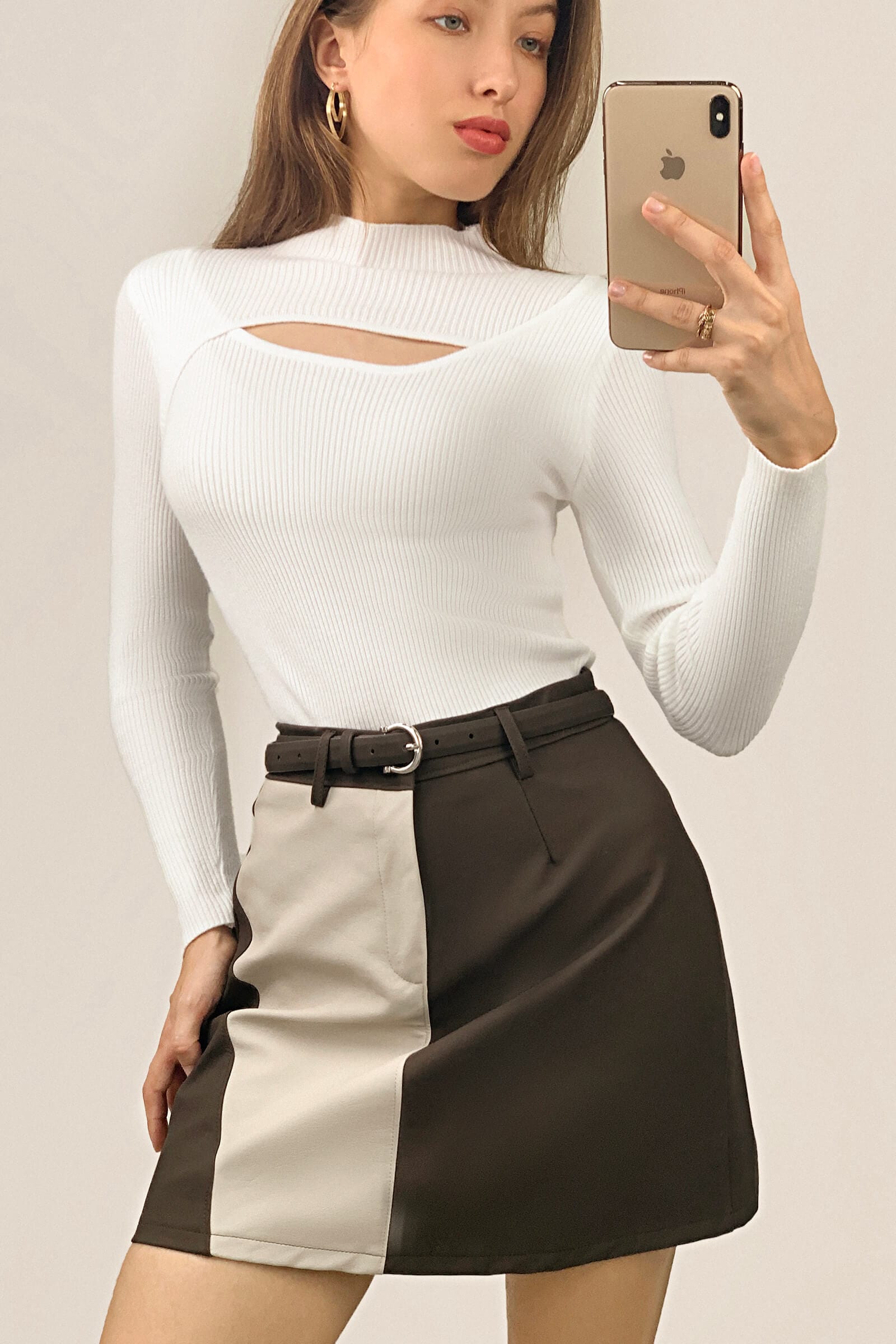 White Mock Neck Front Cut Out Ribbed Knit Sweater