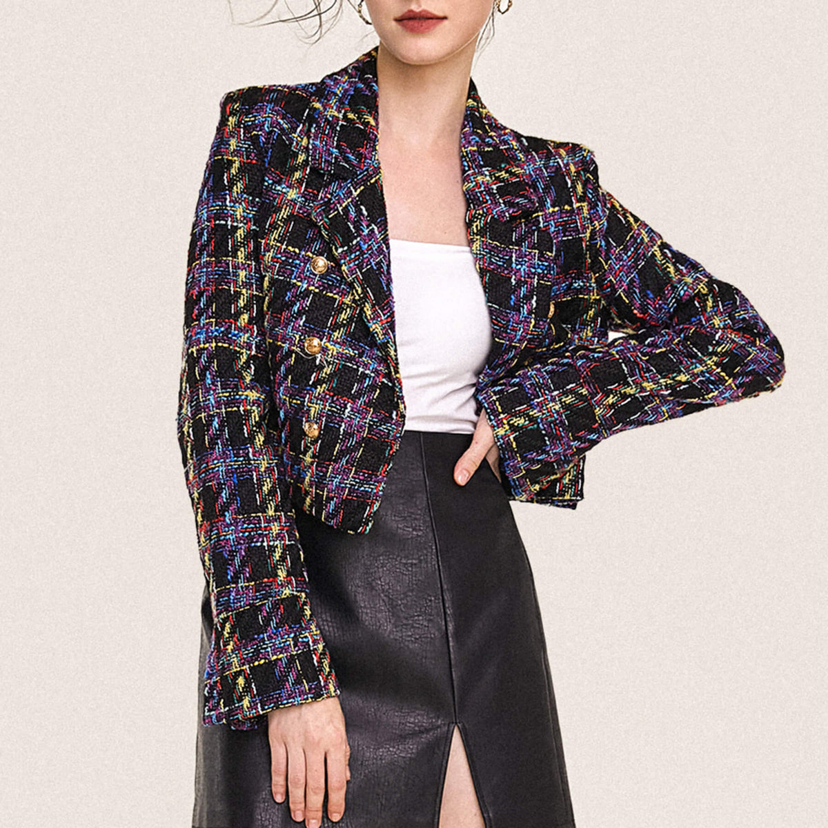 Multicolor Plaid Double-Breasted Cropped Tweed Blazer