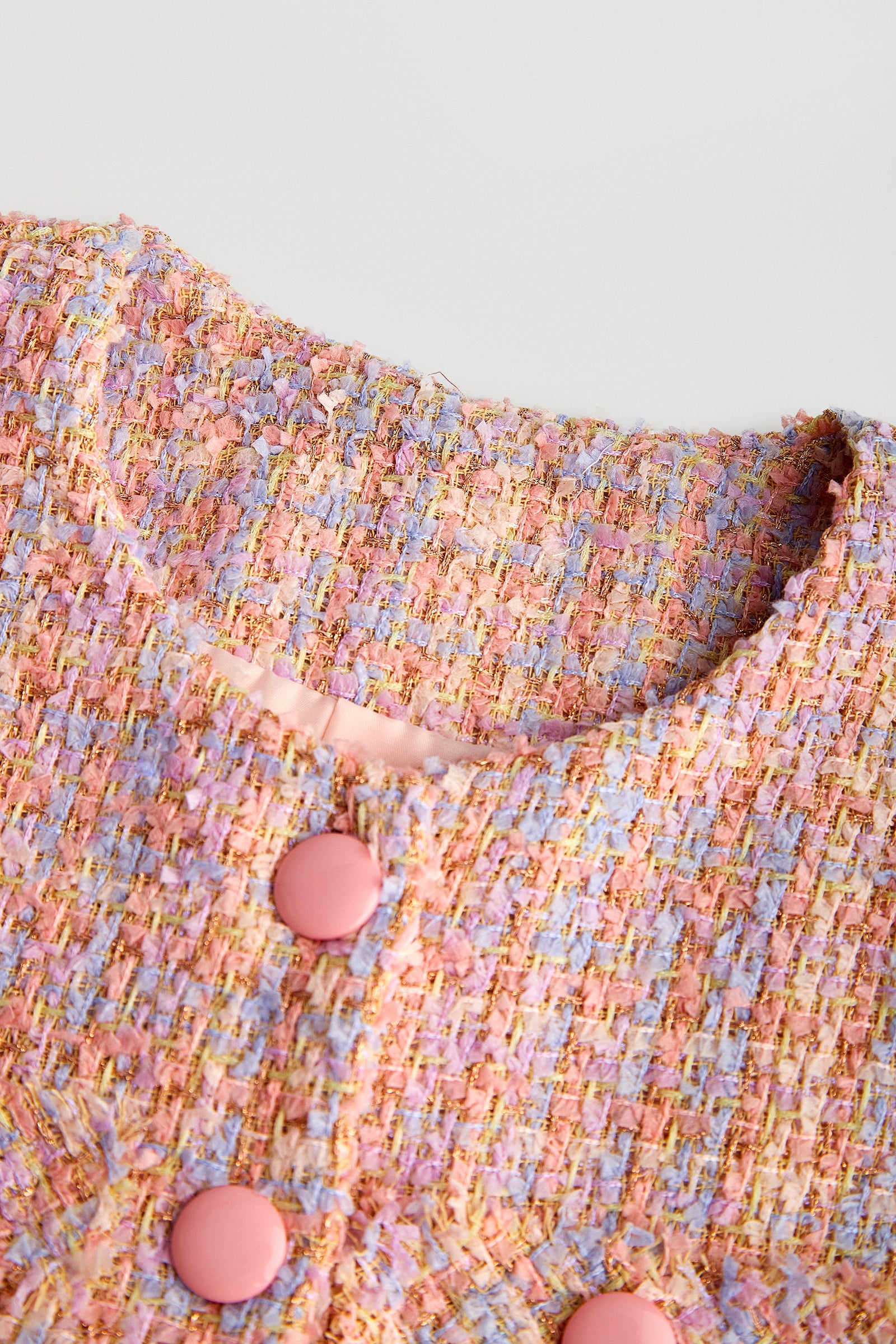 Pink Button-Up Short Sleeve Cropped Tweed Jacket