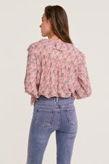 Pink Floral Print Tie Detail Ruffled Chiffon Blouse