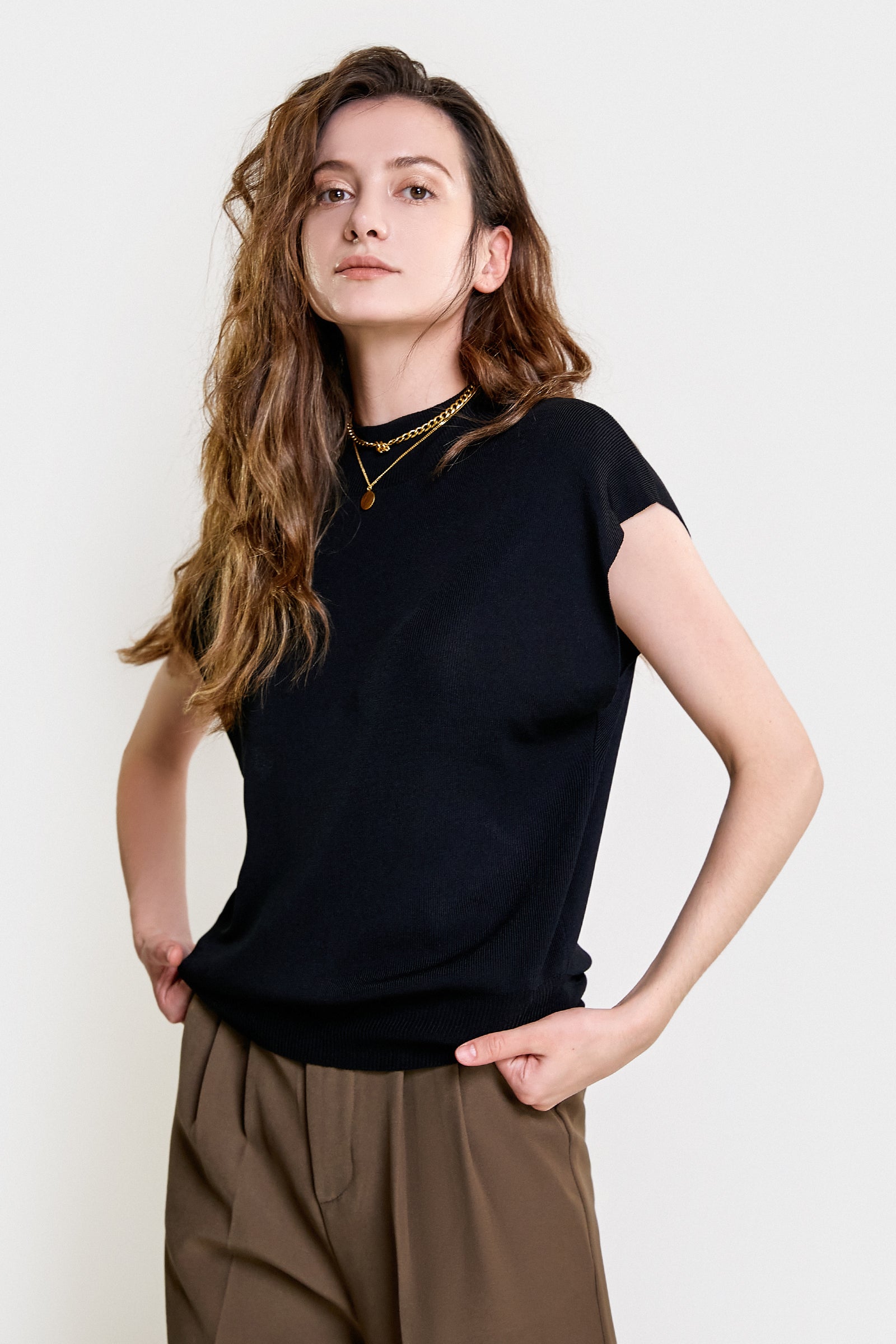 Black Rib-Knit Mock Neck Cap Sleeve Top