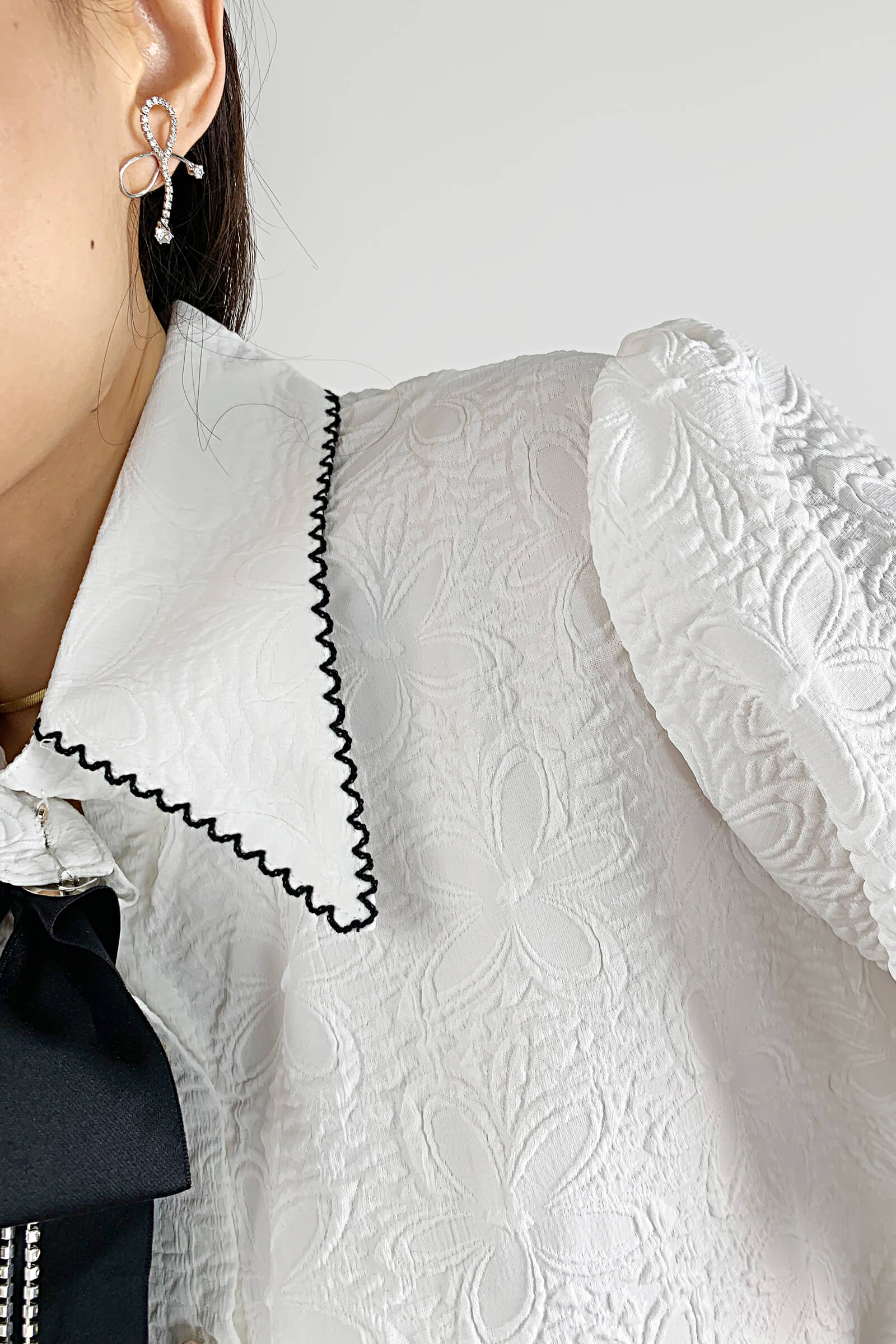 White Textured Bow Neck Balloon Sleeve Shirt