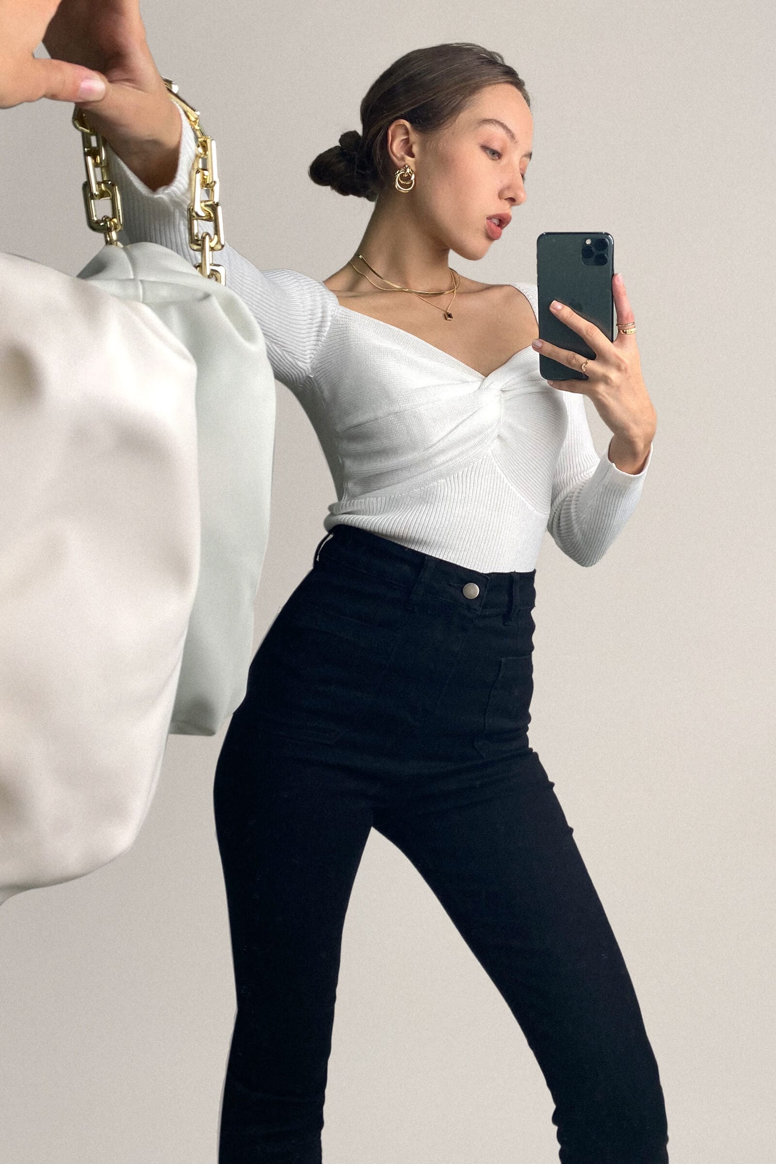 White Twist Front Ribbed Knit Sweater