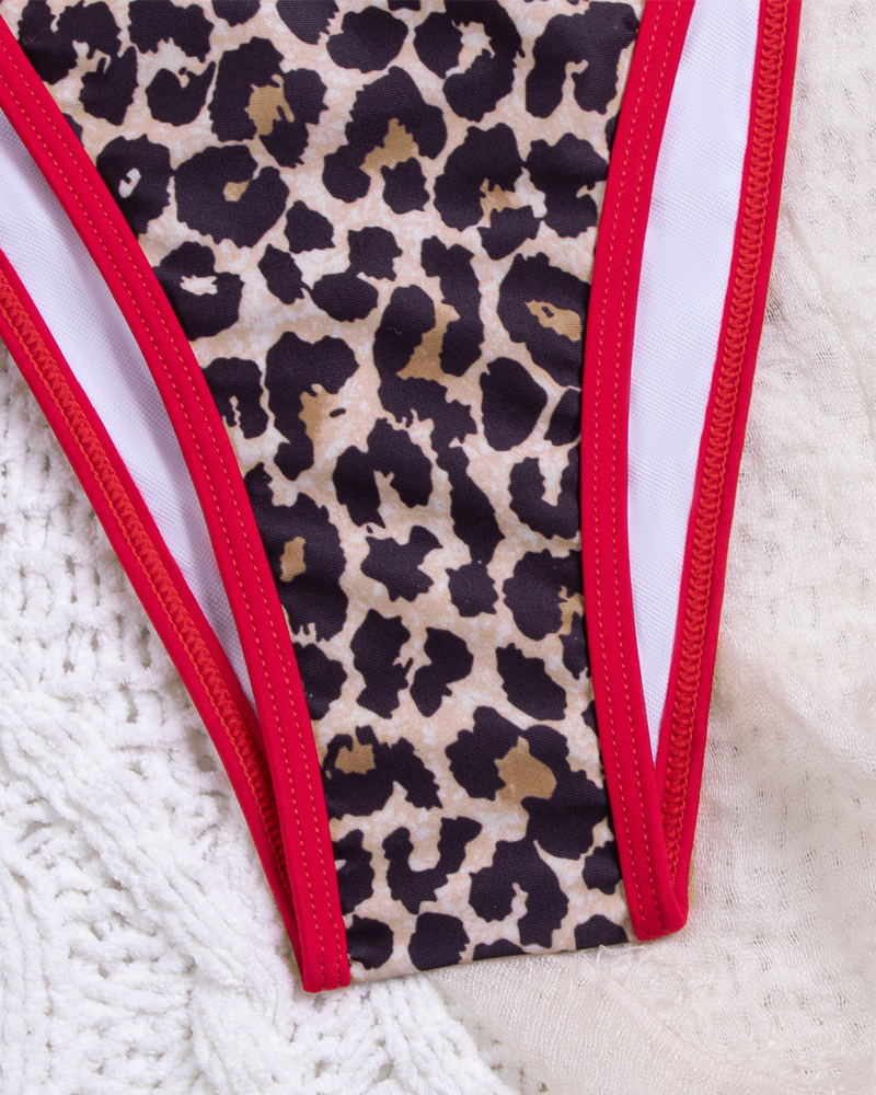 Colorblock Leopard Tie-Side Bikini Set