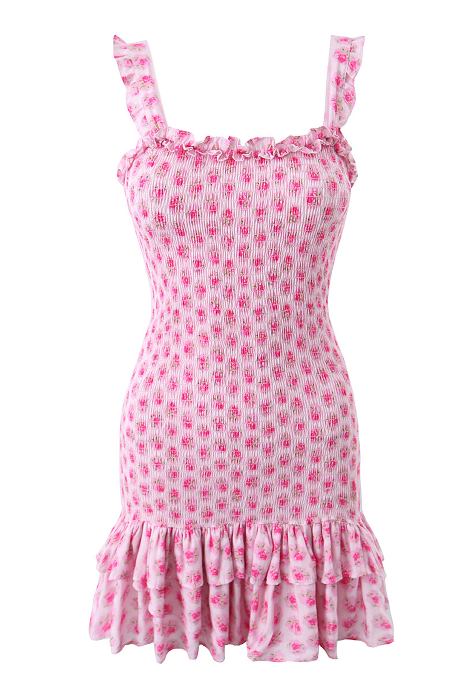 Pink Ruched Bodycon Ruffled Mini Dress