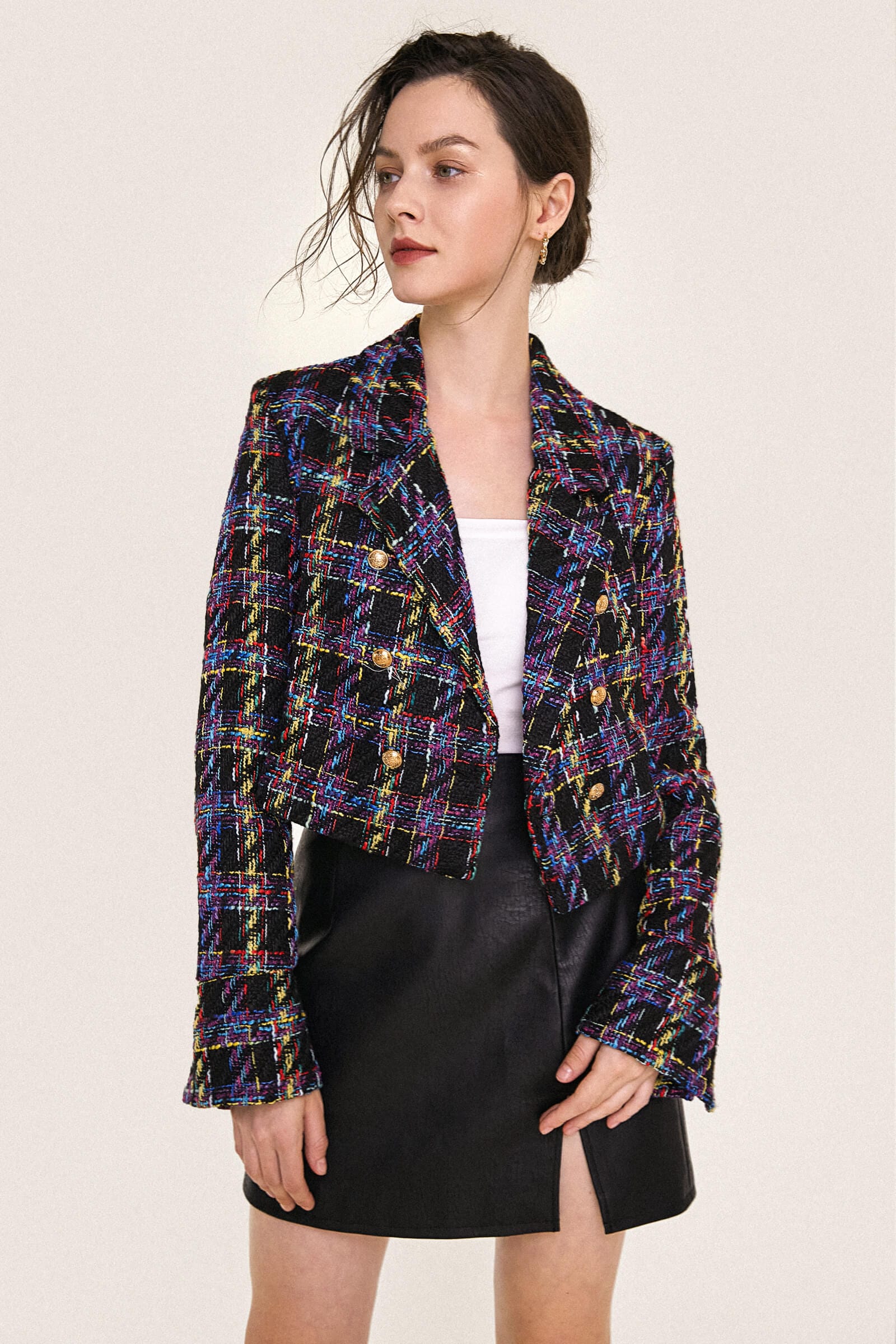 Multicolor Plaid Double-Breasted Cropped Tweed Blazer