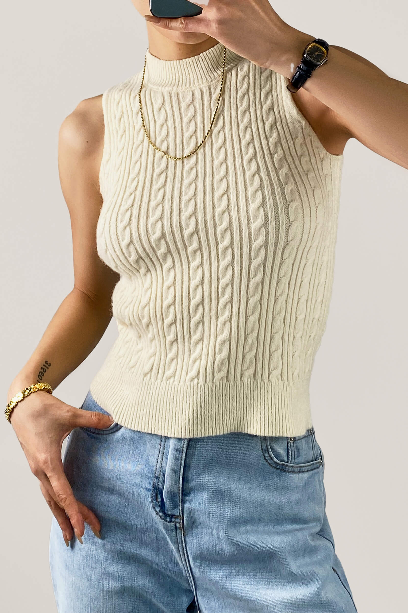 Ivory Cable Knit Shrug Cardigan & Vest Two-Piece Set
