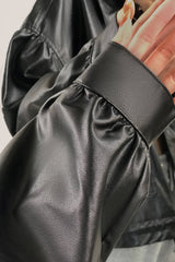 Black Drawstring Hem Button Front Flap Pocket Vegan Leather Jacket