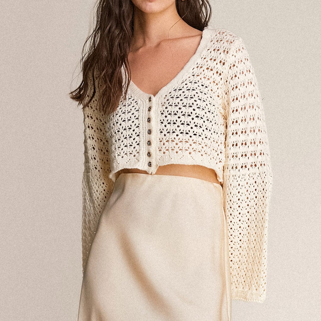 Floral White Crochet Button-Up Long Sleeve Cardigan