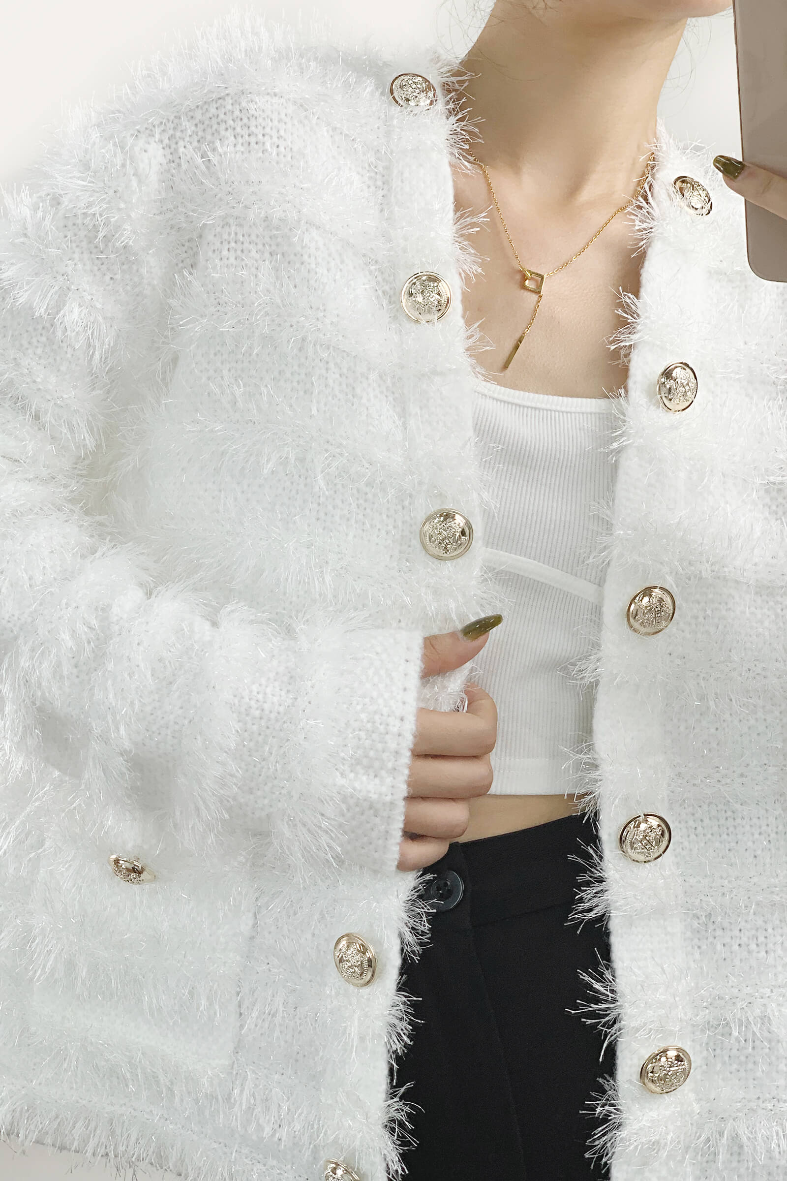 White Frayed Trim Cardigan With Gold Buttons