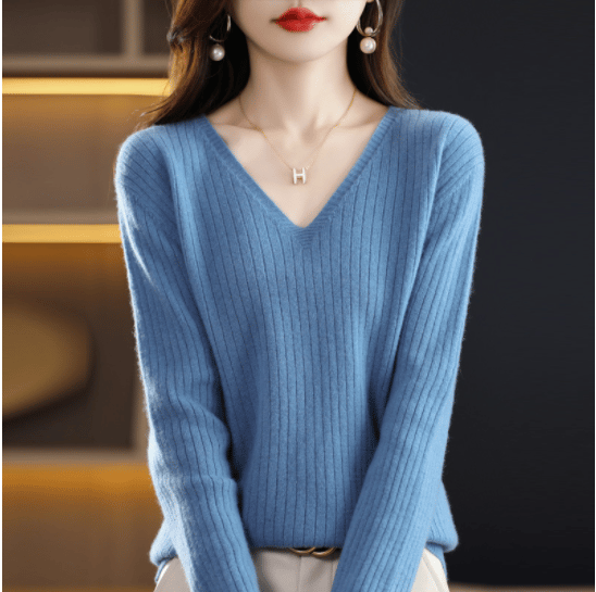 V-Neck Pullover Long Sleeve Solid Color Cashmere Sweater
