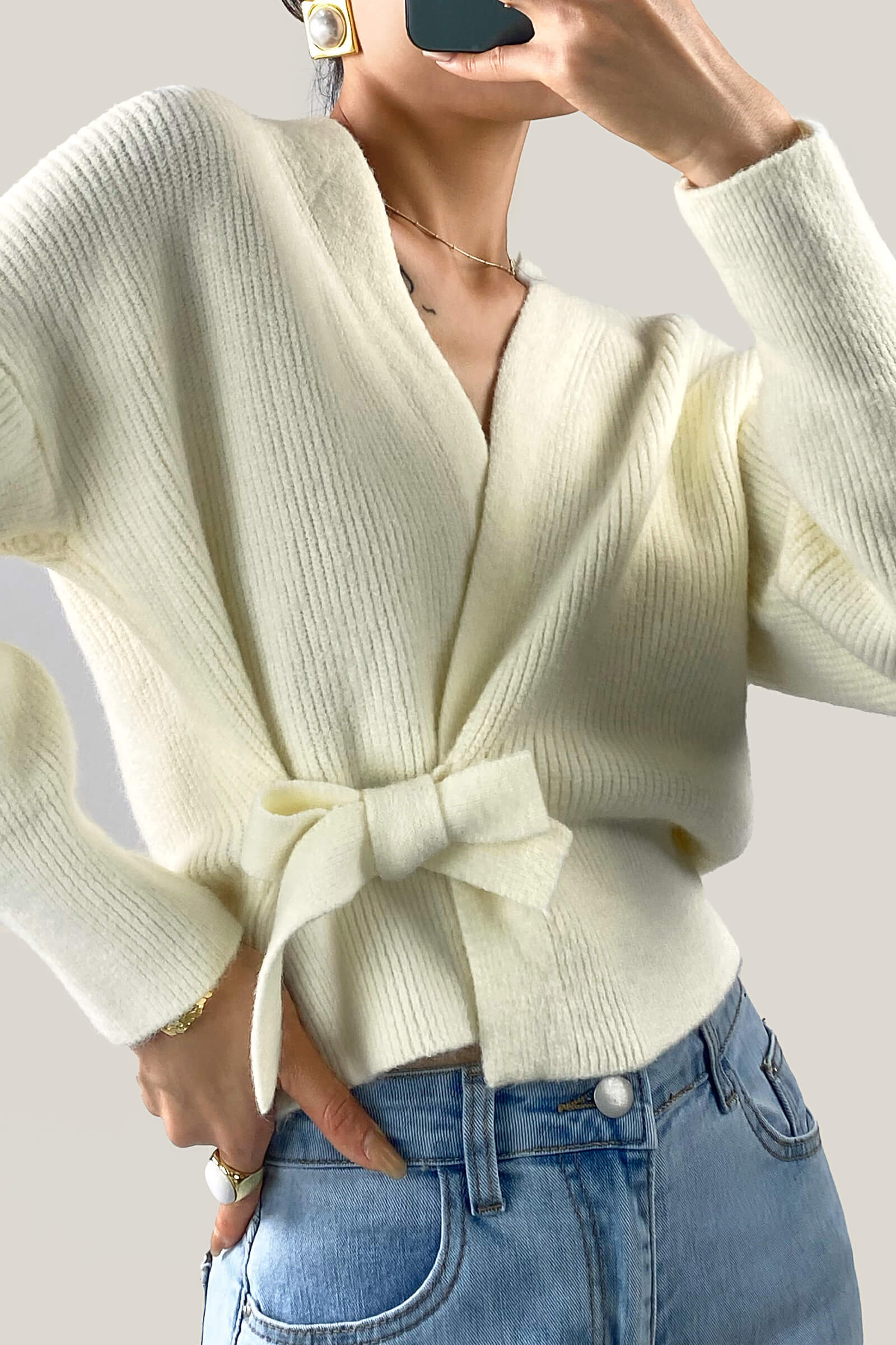 Ivory Ribbed Knit Wrap Tie Side Cardigan