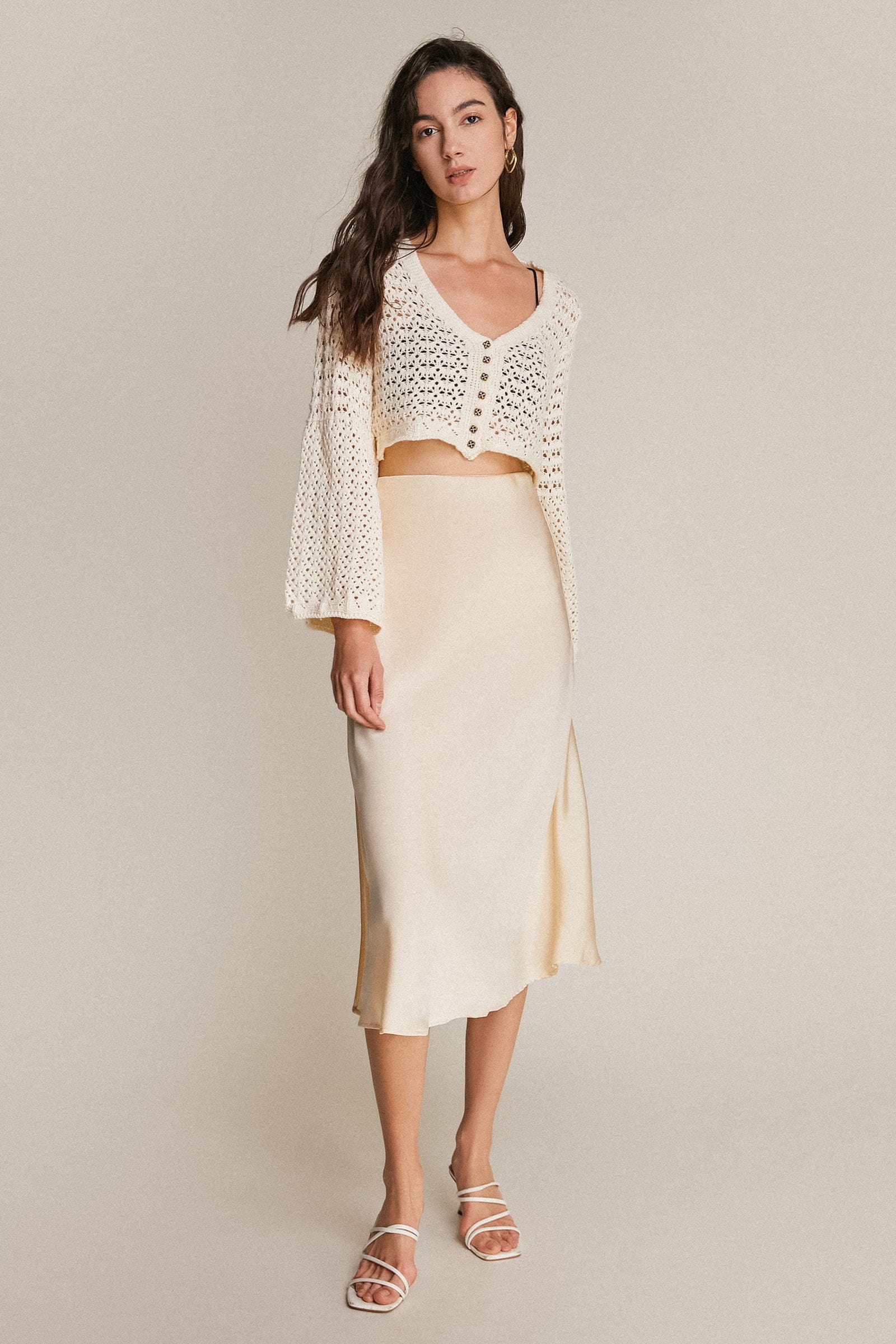 Ivory Satin High Rise A-Line Midi Skirt