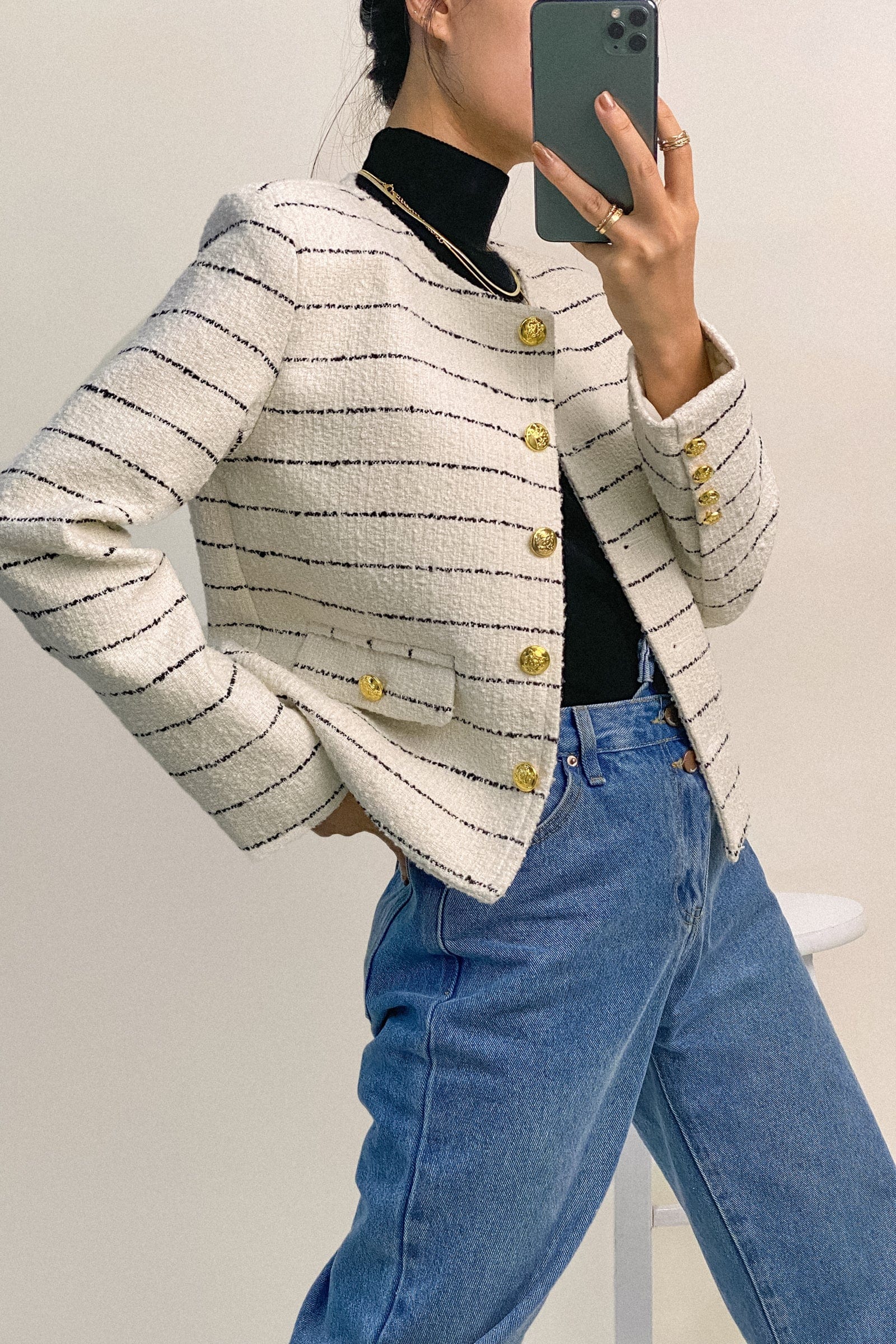 White Striped Tweed Jacket With Gold Buttons