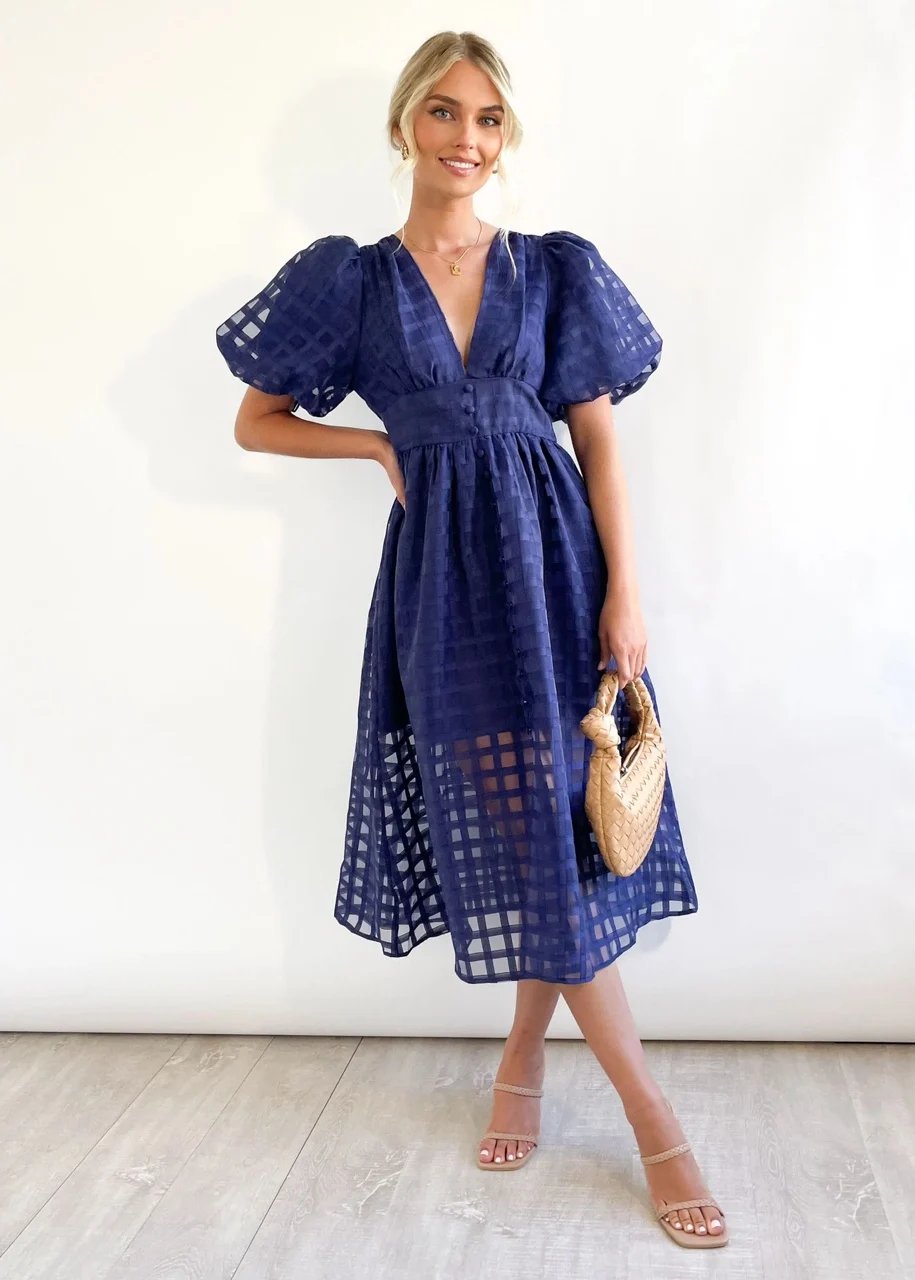 Beautiful square pattern fabric puff sleeve midi