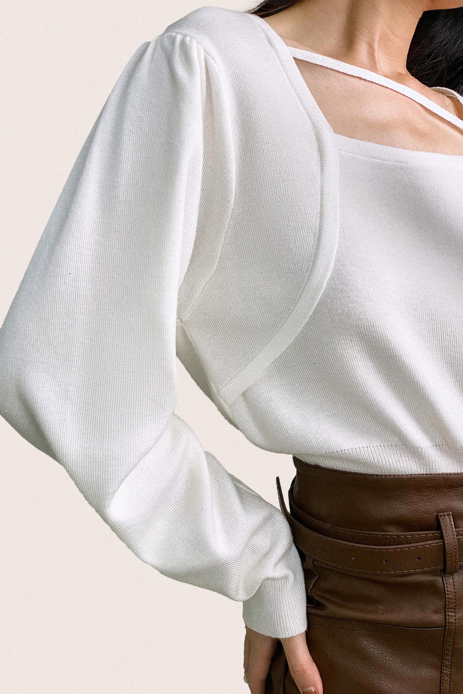 White Wool-Blend Strap Detail Asymmetric Neck Sweater
