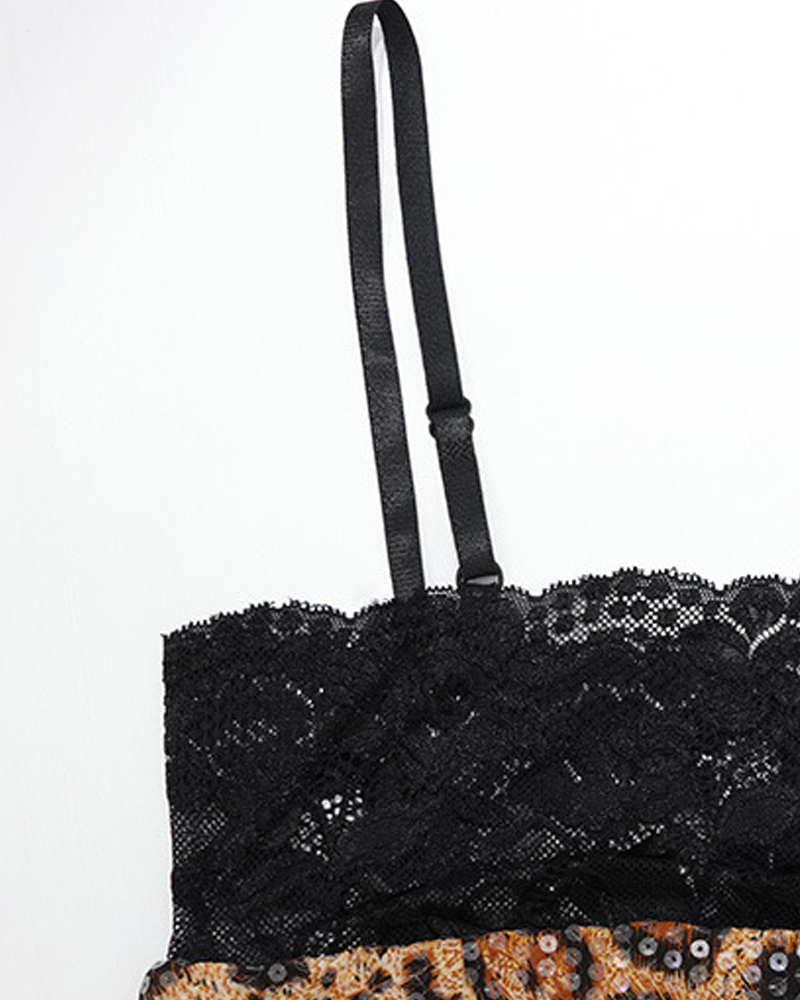 Lace Patchwork Leopard Sequin Bandeau Strap Dress