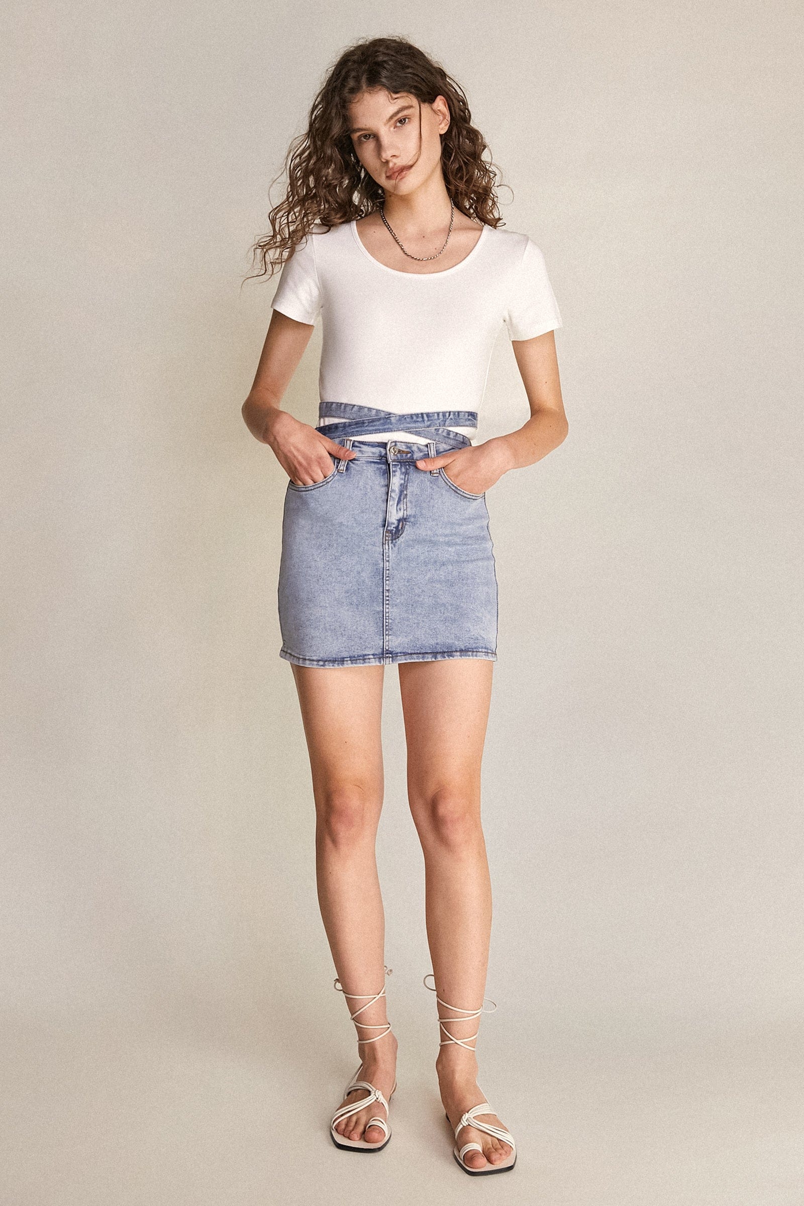 Light Blue Wash Tie Detail Denim Mini Skirt