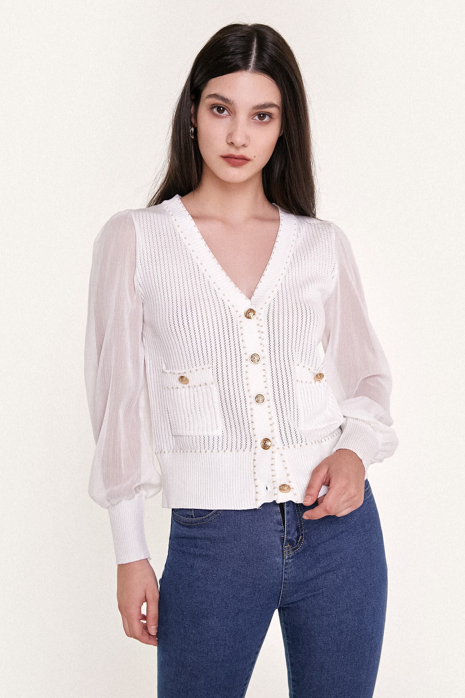 White Sheer Long Sleeve Pointelle-Knit Cardigan With Gold Buttons