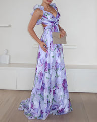 V Neck Halter Back Ruffle Strap Floral Beach Holiday Dress
