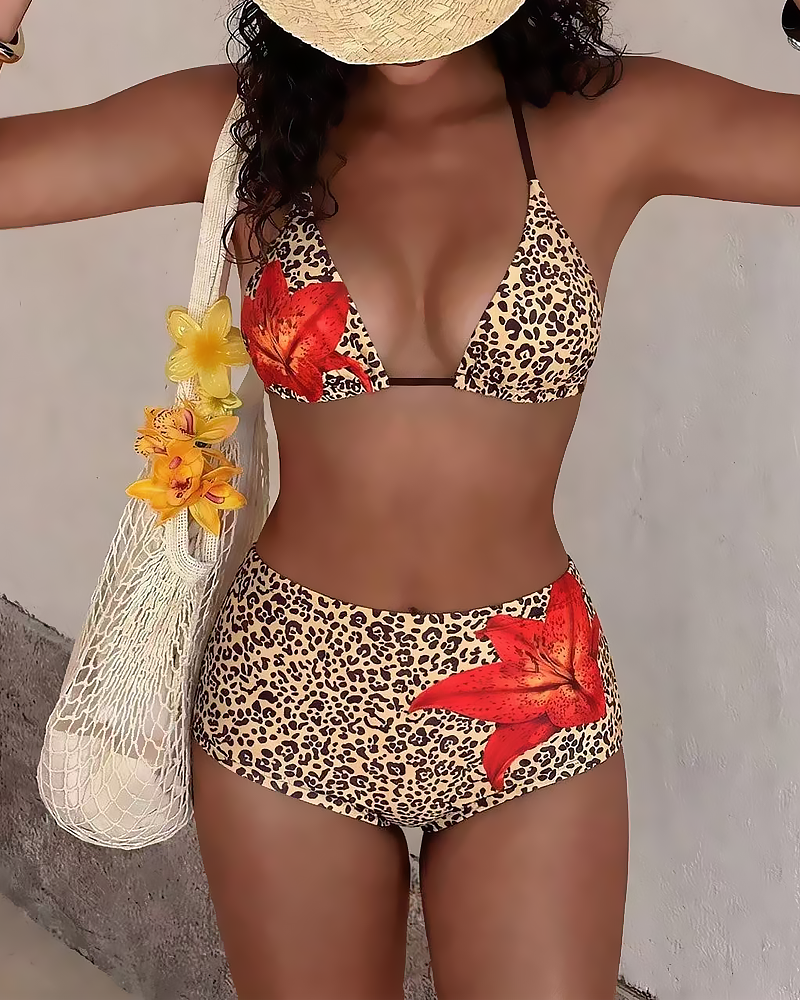 Printed Halter Tie Two-Piece High-Waist Bikini Set