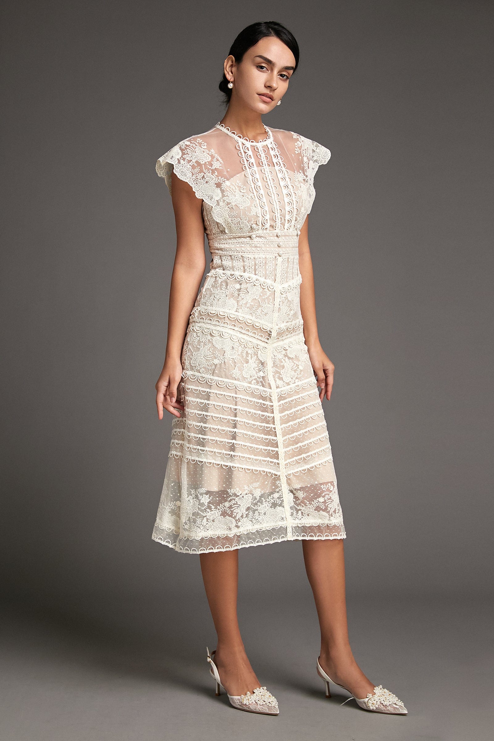 White Lace Scallop-Edge Cap Sleeve Midi Dress