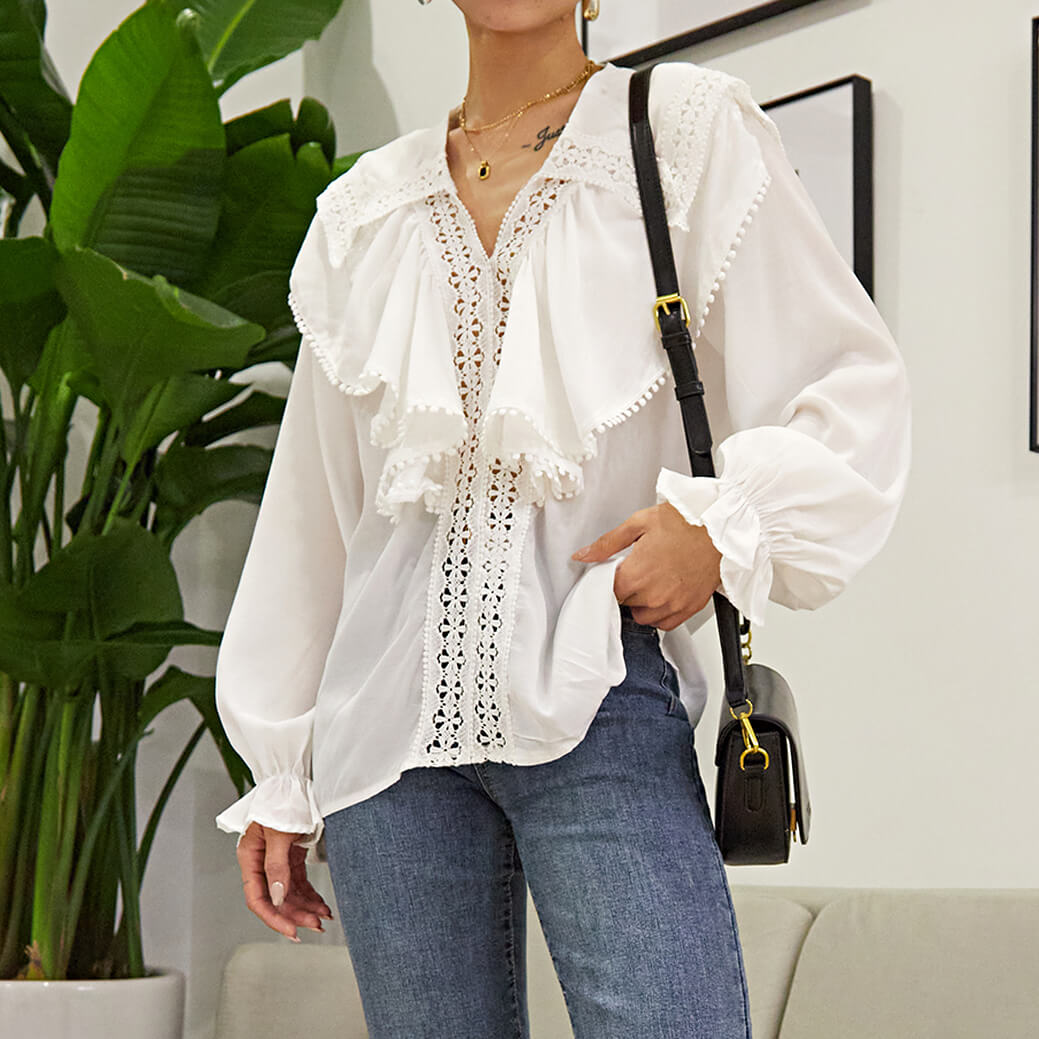 White Doll-Collar Bell Sleeve Blouse