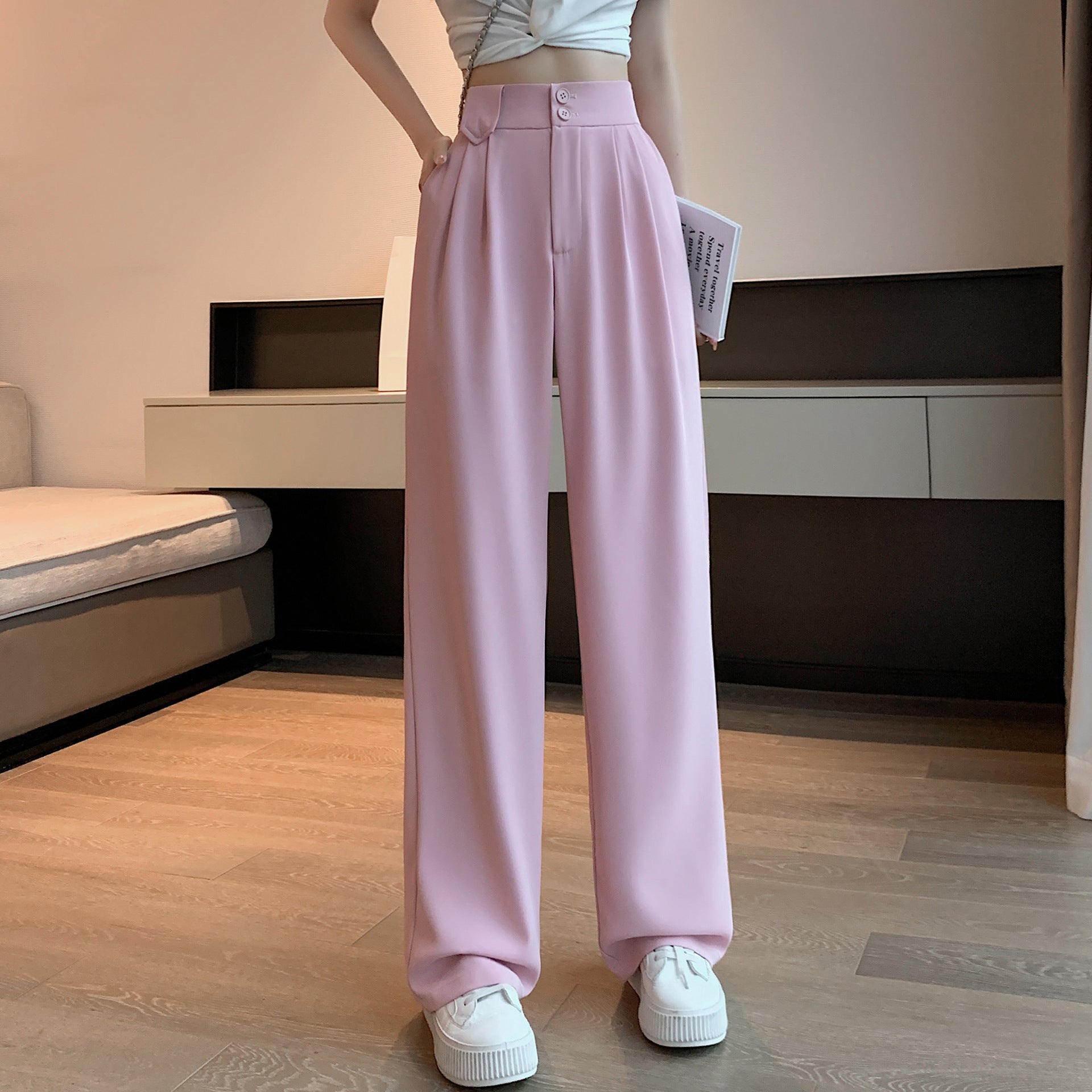 Pink High-Waisted Straight Trousers Slacks