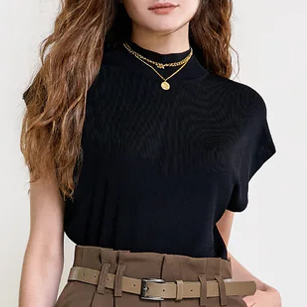 Black Rib-Knit Mock Neck Cap Sleeve Top