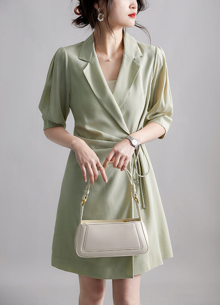 Green Khaki Wrap Front Tie Side Blazer Dress