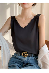 Black V-Neck Vest Bottomed Top Pure Cotton
