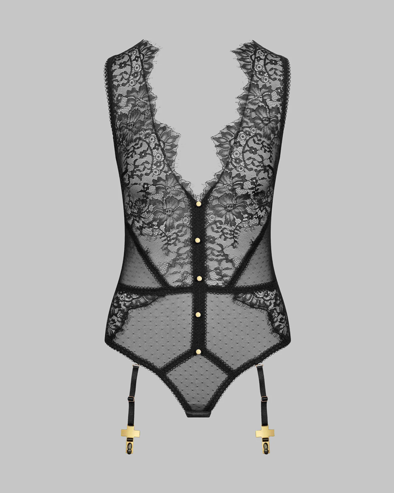 Lace Sheer Teddy Bodysuit with Garter Stockings