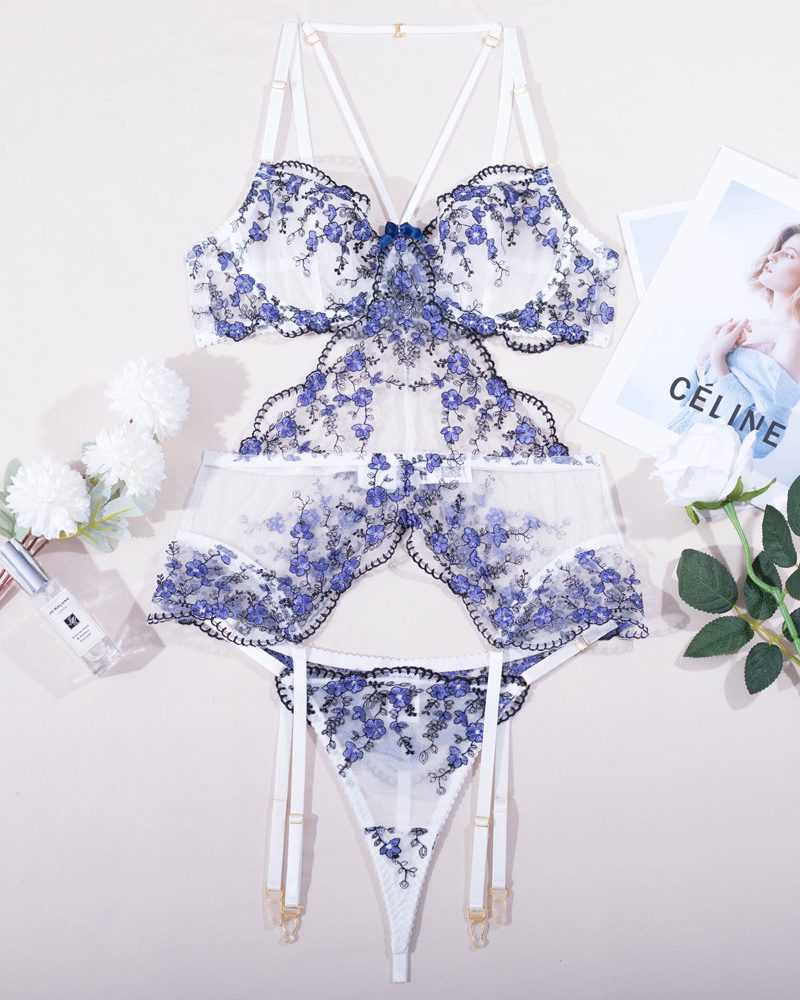 Velvet Rose Floral Embroidered Sheer Mesh Lingerie Set