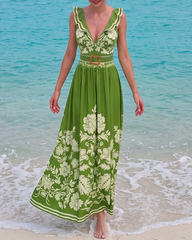 V Neck Ruffle Green Retro Printed Swimsuit Set