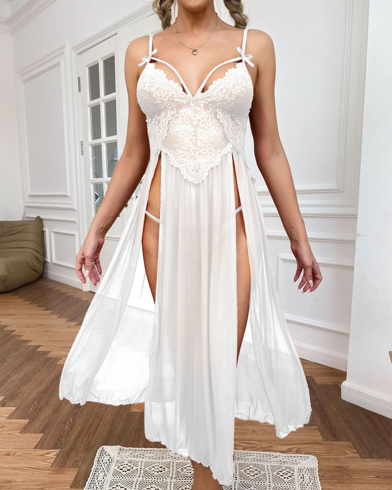 Sheer Mesh Deep V-Neck Lace Side Slit Slip Dress