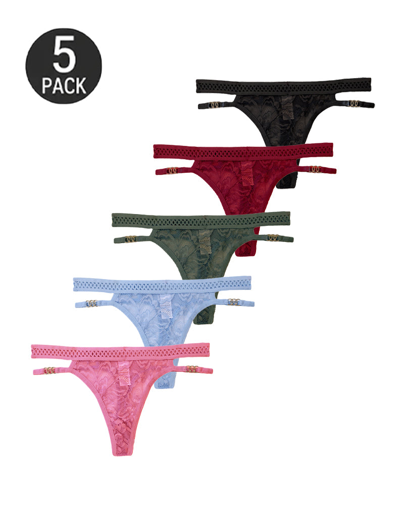 Multiple-Pack Lace Mesh Metal Buckle Decoration Thongs