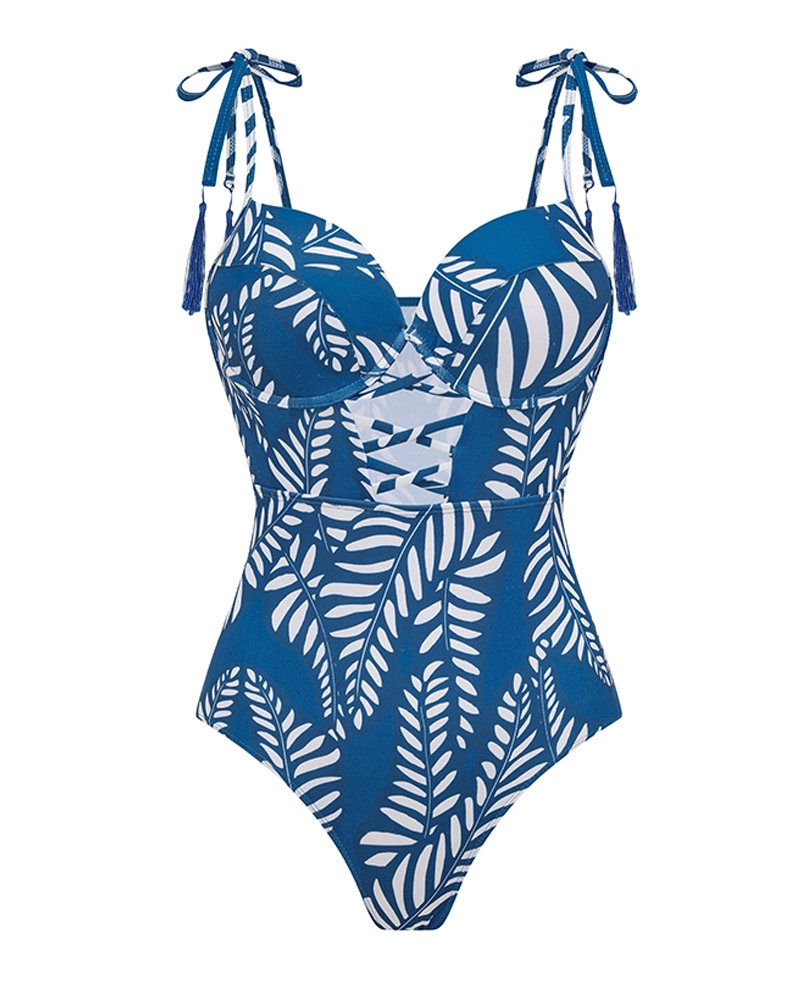 Sling Blue Tassel Leaves Print Cut Out Swimsuit Set