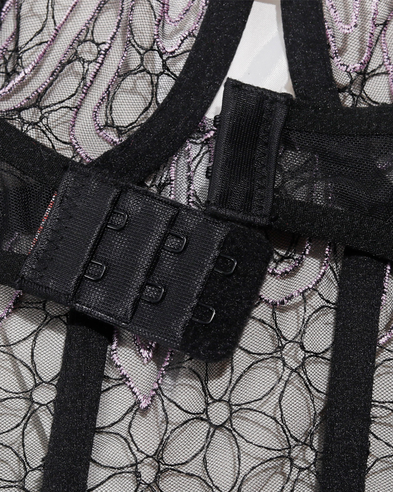 Embroidered Mesh Bustier Lingerie Set