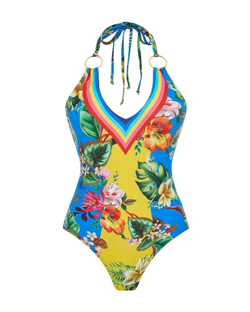 V Neck Color Block Printed Swimsuit Set