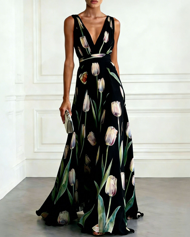 Tulip Print Chiffon Sleeveless V-Neck Maxi Dress