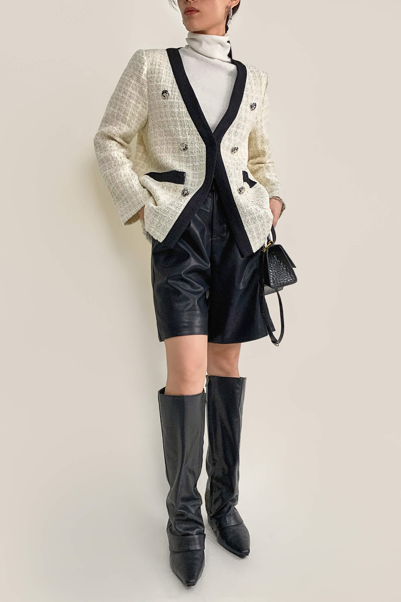 Floral White Contrast Trim Double-Breasted Wool-Blend Tweed Jacket