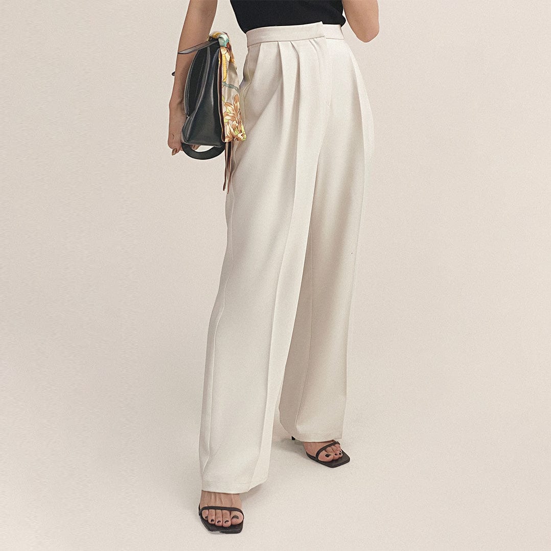 White Pleat Detail Wide Leg Work Pants