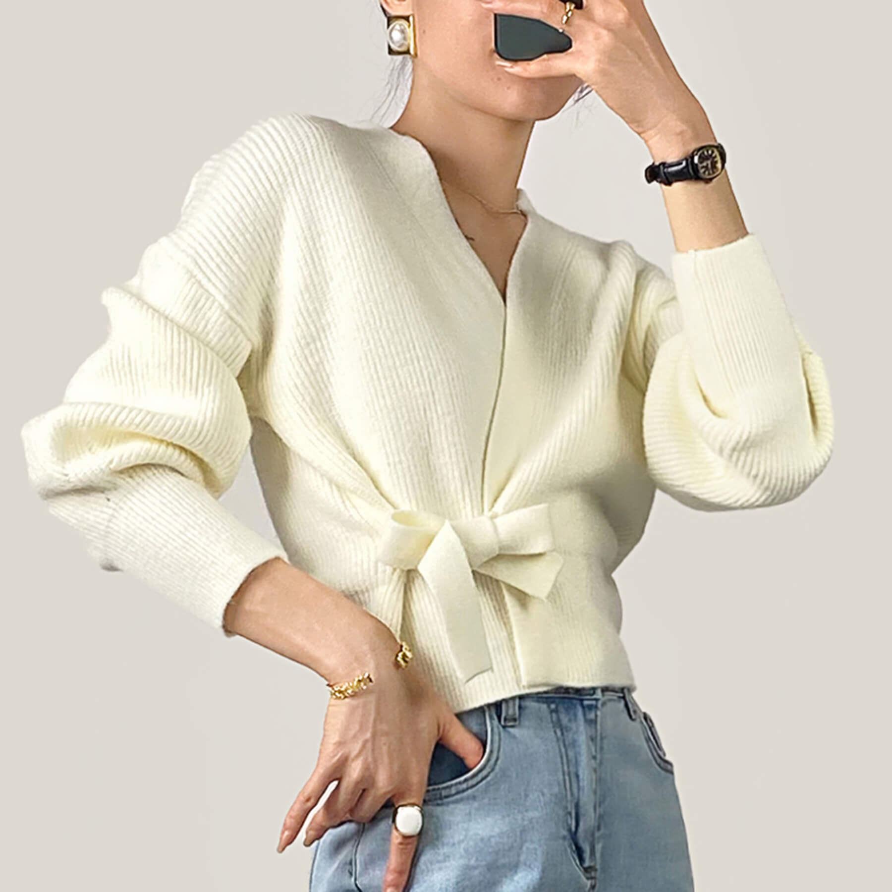 Ivory Ribbed Knit Wrap Tie Side Cardigan