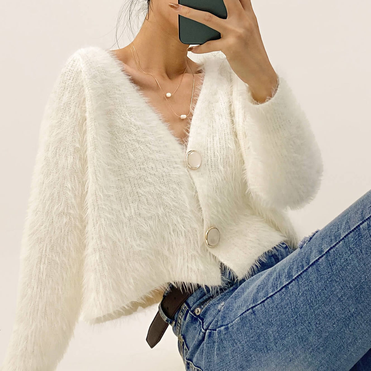 Ivory V-Neck Fuzzy Knit Cropped Cardigan