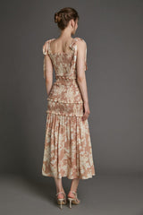 Bisque Floral Print Tie Strap Smocked Ruffled Maxi Dress