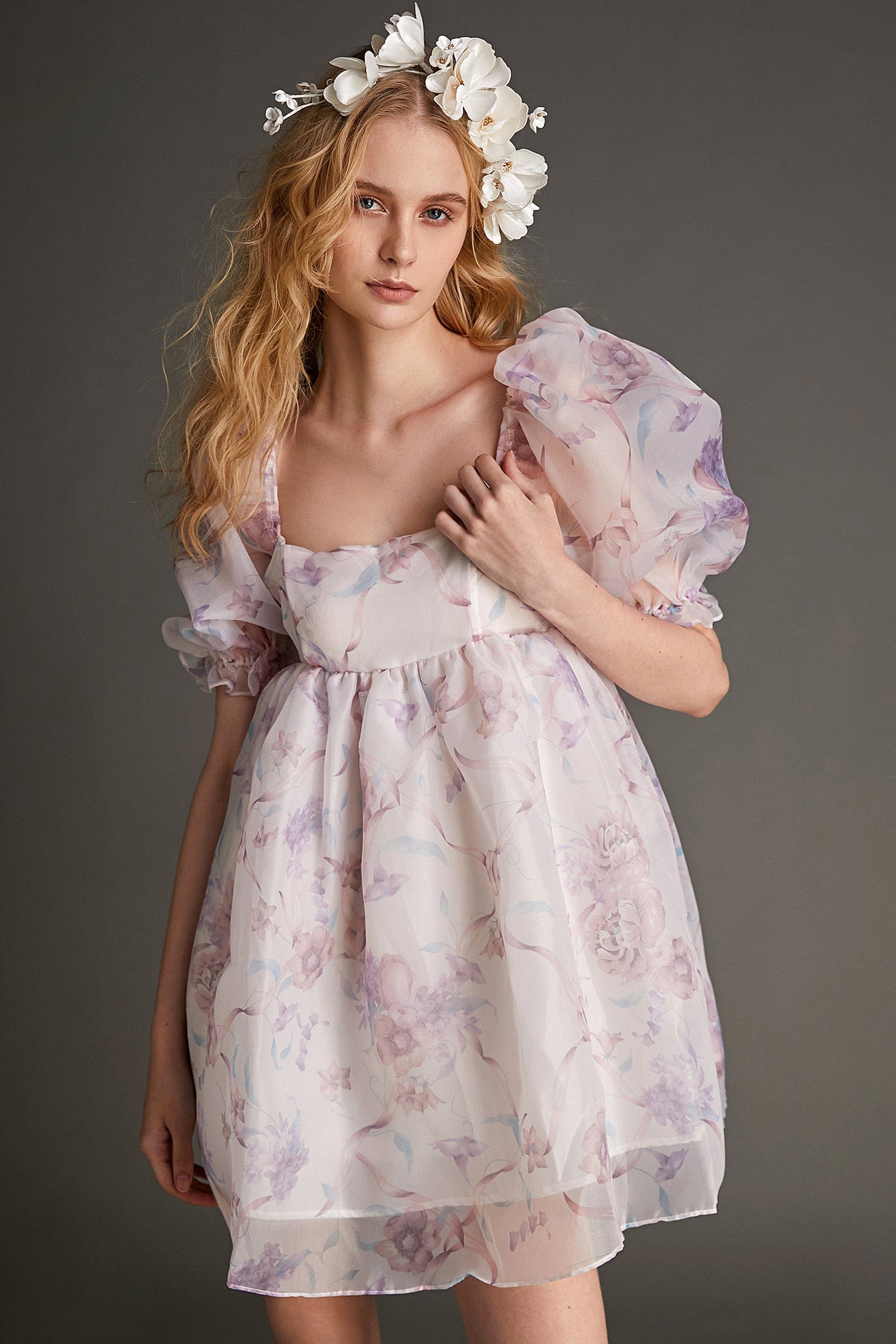 Plum Organza Floral Print Square Neck Puff Sleeve Babydoll Mini Dress