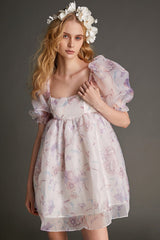Plum Organza Floral Print Square Neck Puff Sleeve Babydoll Mini Dress