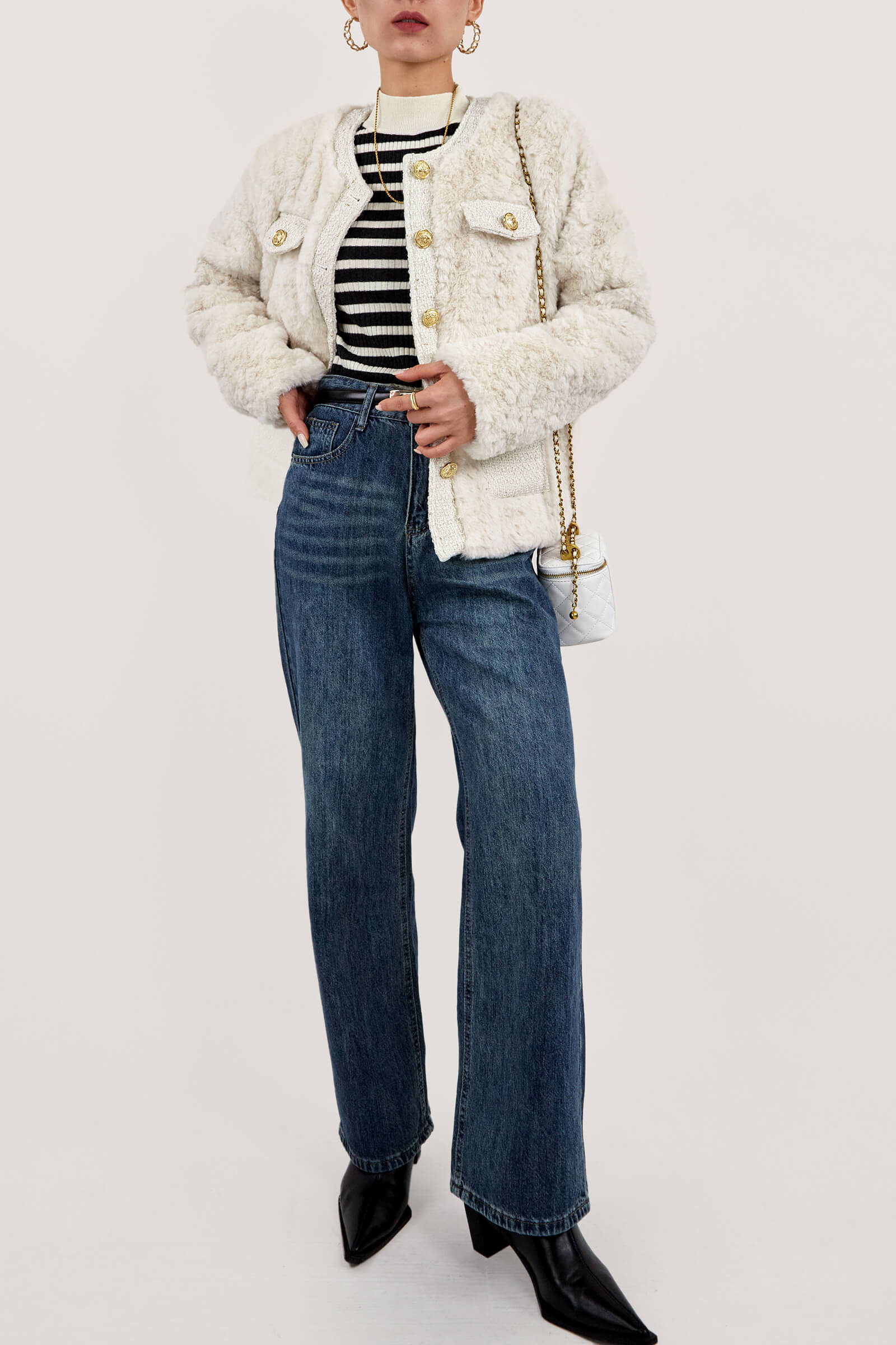 Tweed Crew Neck Pocket Teddy Jacket